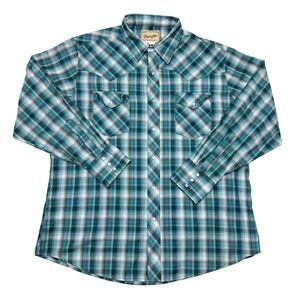 Wrangler Shirt XL Blue Plaid Pearl Snap Button Up Western Cowboy Farm Rancher